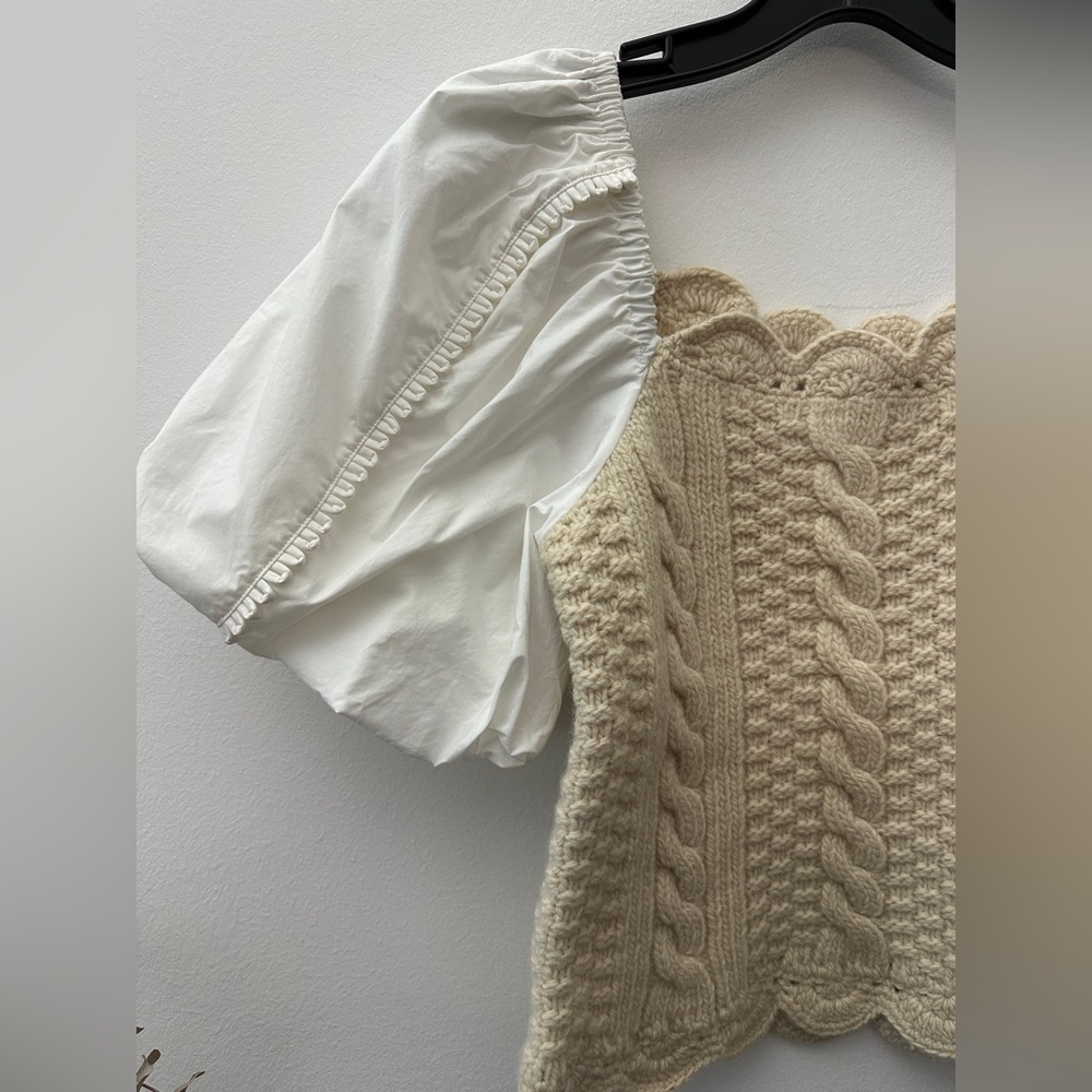 Sea New York Sweater Beige and White Puff Sleeve Crop Top NWT - Picture 5 of 6